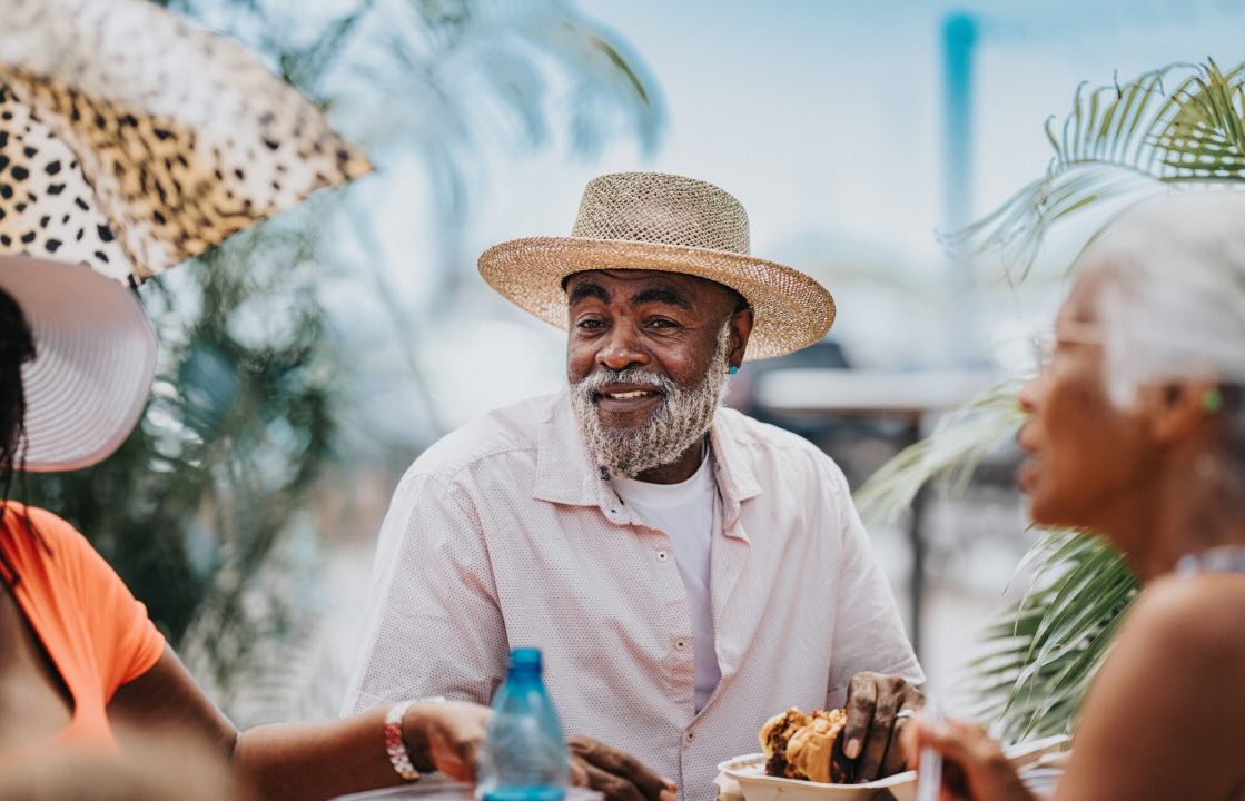 Family sitting at table on vacation