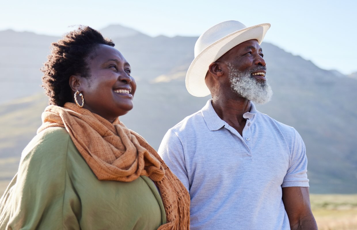 Older black couple look ahead